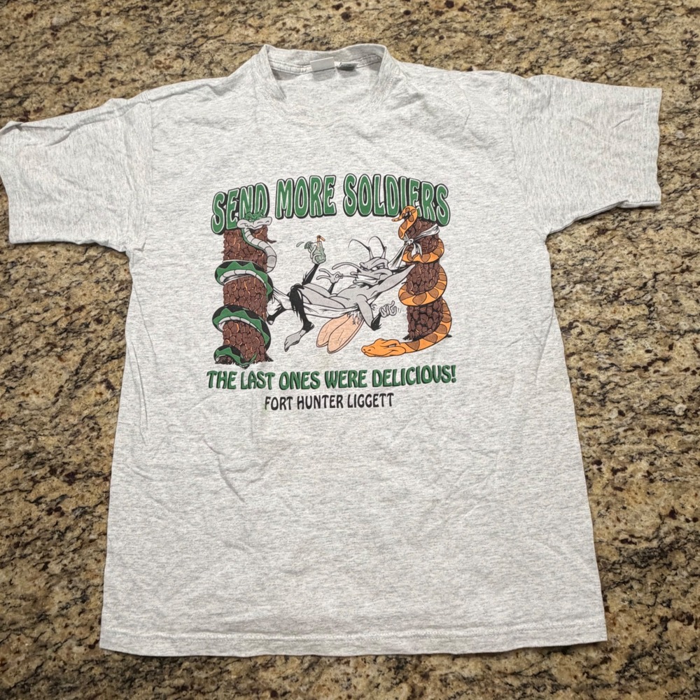 Vintage M.J. Soffe Fort Hunter Liggett Send More Soldiers Graphic Tee Gray L